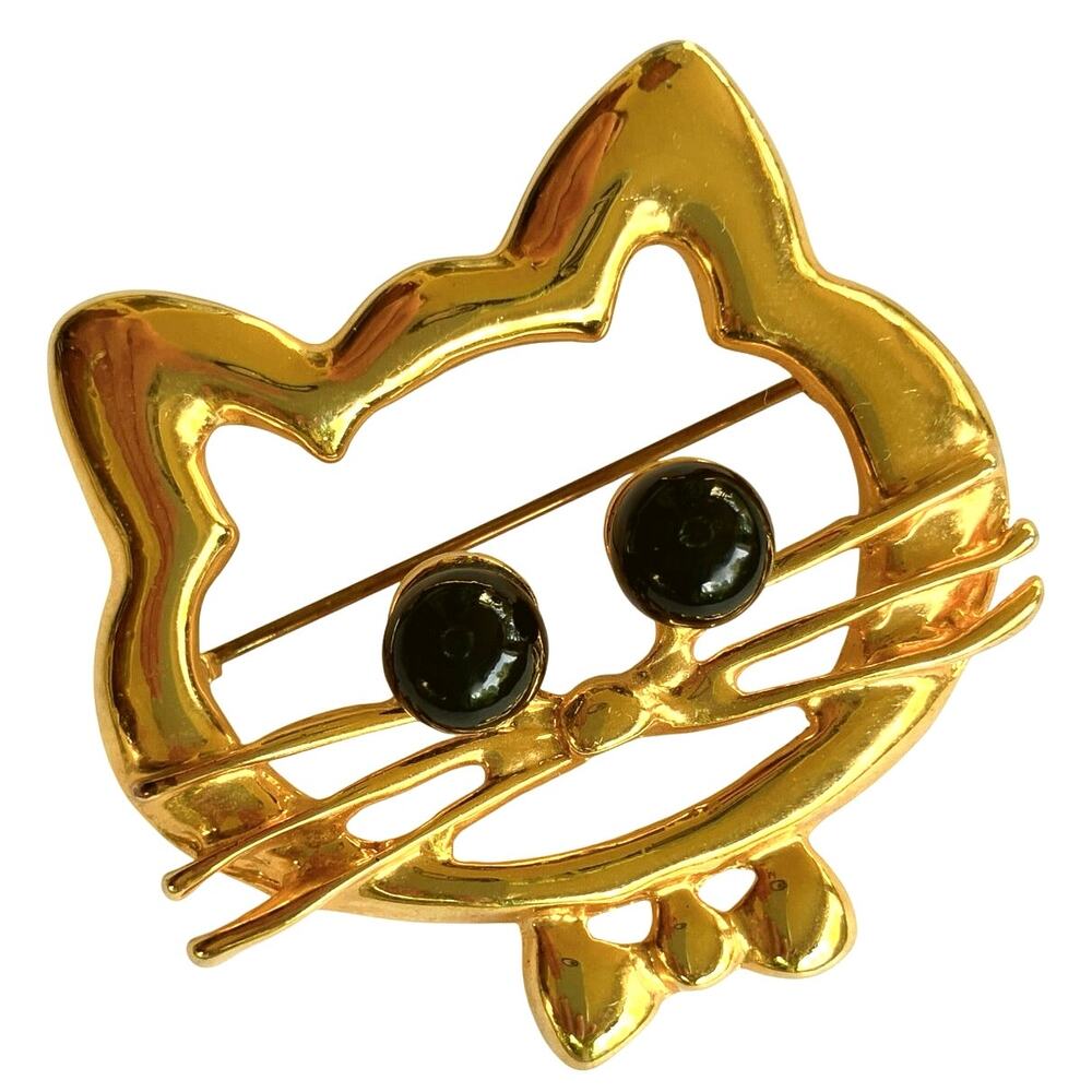 Vintage 80s Gold Tone Cat Brooch Whimsical Novelty Black Eye Costume Animal Pin